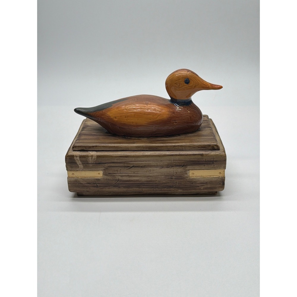 Vintage 1978 Duncan Enterprises Ceramic Duck Decoy Trinket Box Faux Wood Crate